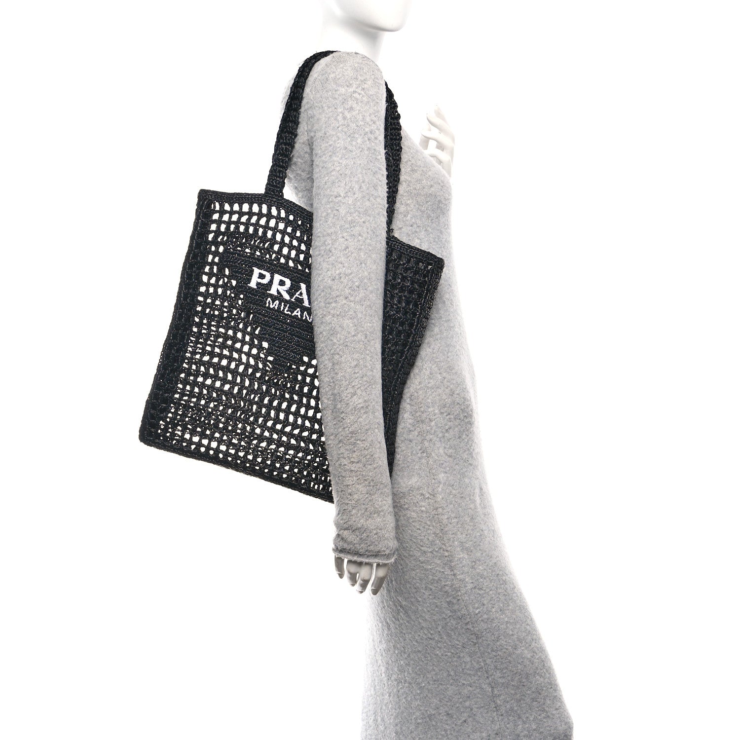 Prada Yarn Raffia Effect Crochet Logo Embroidered Tote Bag Black 2 of 10