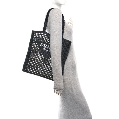 Prada Yarn Raffia Effect Crochet Logo Embroidered Tote Bag Black 2 of 10