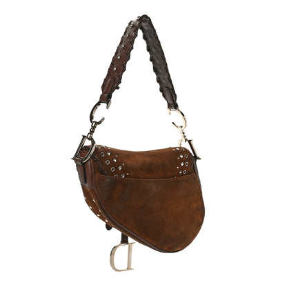 Christian Dior Suede Crystal Studded Saddle Bag Dark Brown 3 of 8