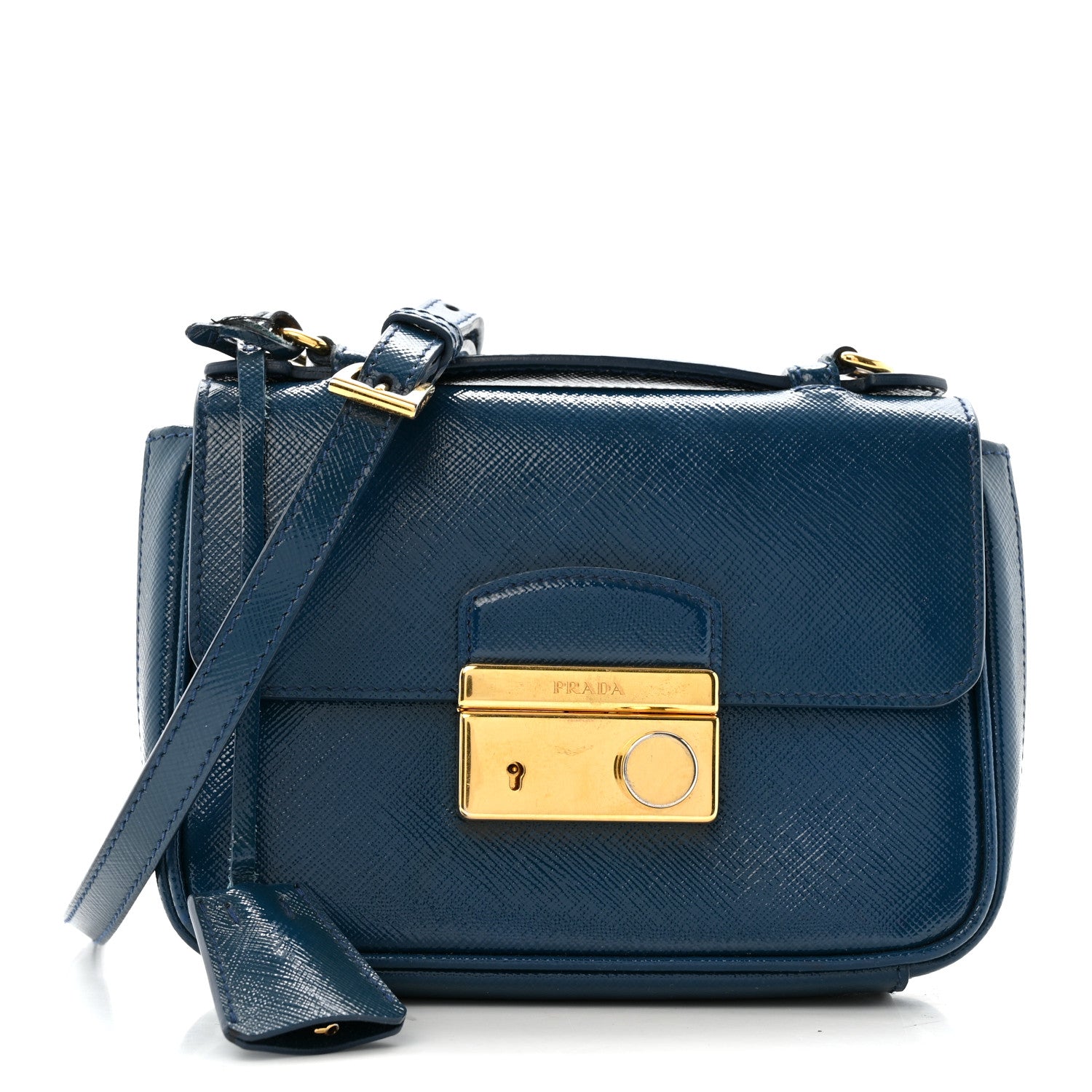 Prada Saffiano Vernice Lock Flap Chain Bag Azzurro 1861387