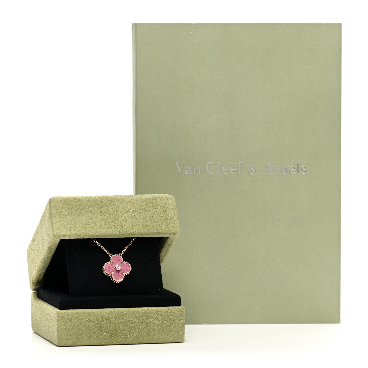 18K Rose Gold Diamond Rhodonite Vintage Alhambra Pendant Necklace