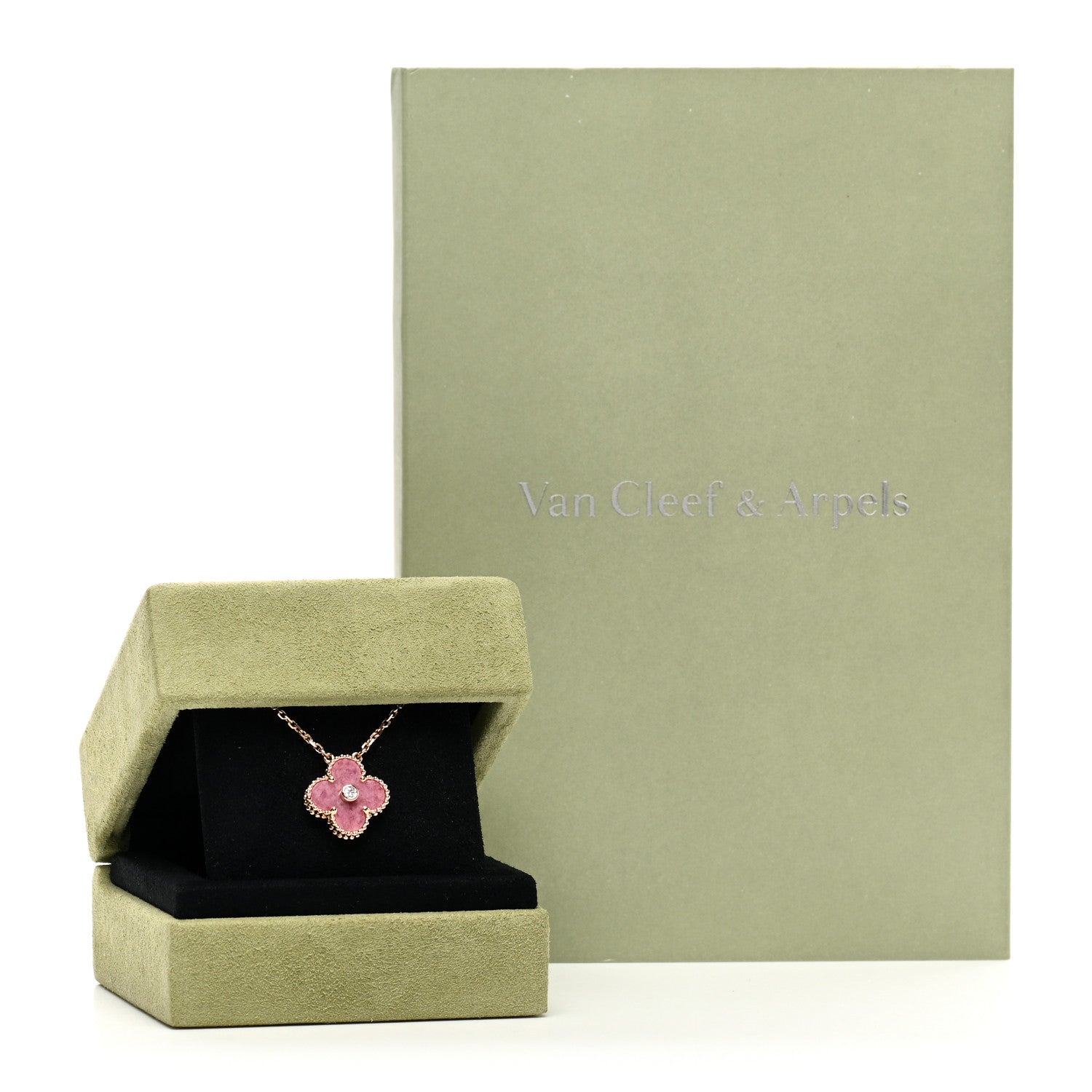 Van Cleef & Arpels 18K Rose Gold Diamond Rhodonite Vintage Alhambra Pendant Necklace 5 of 5