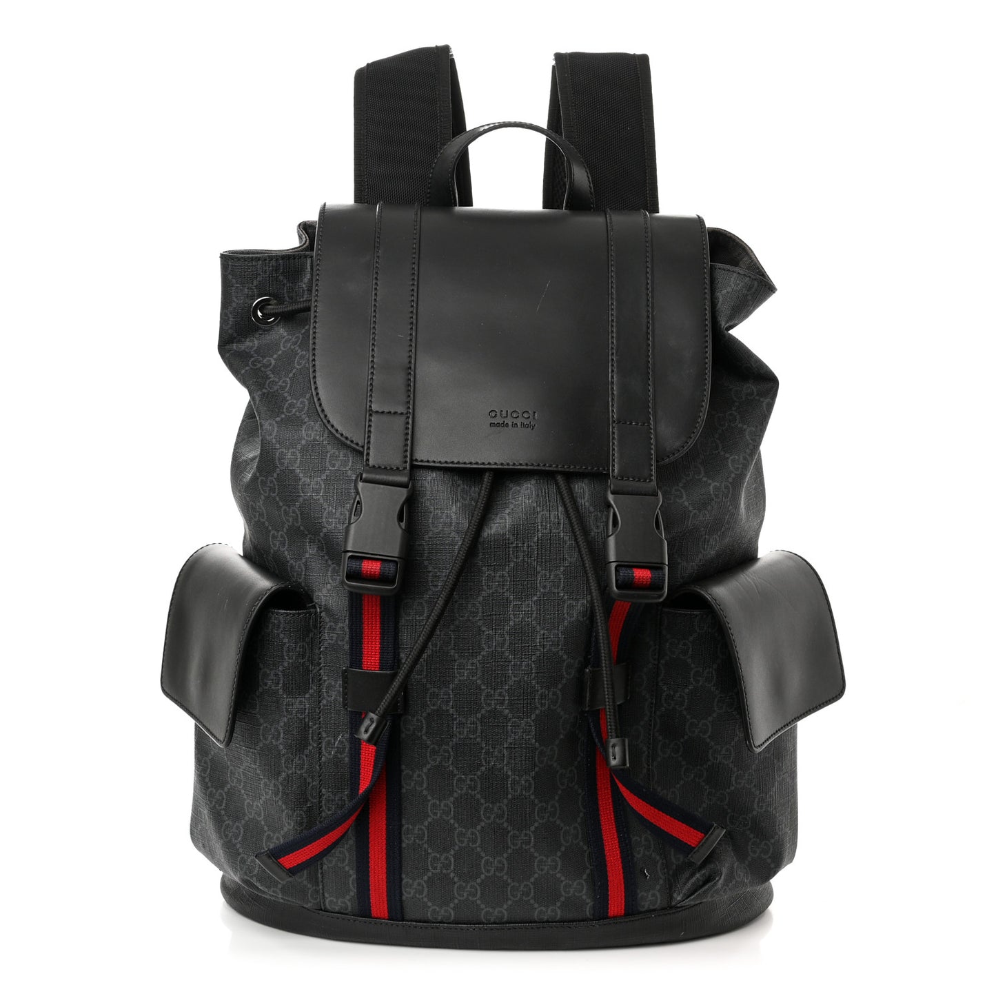 Soft GG Supreme Monogram Appia Calfskin Web Double Buckle Backpack Black
