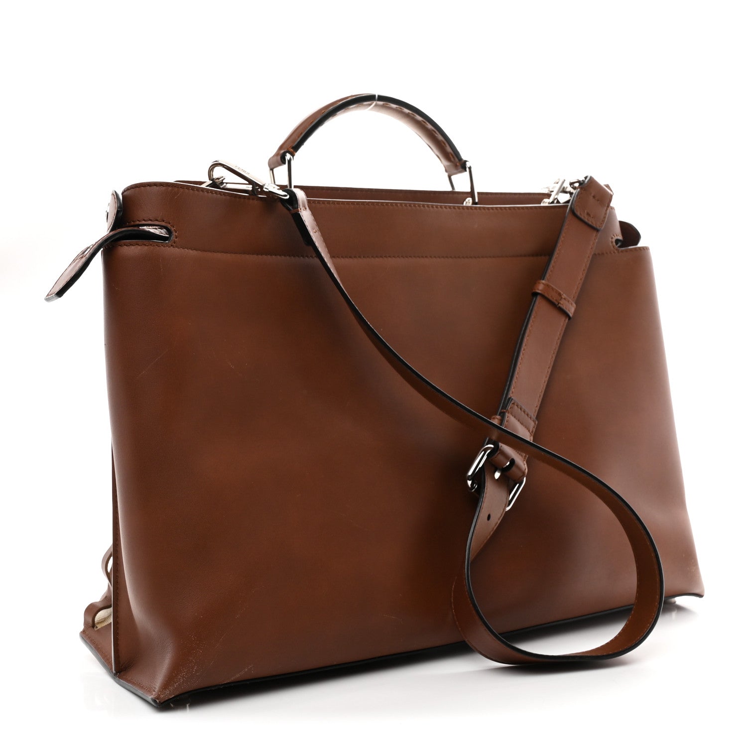 Fendi Canvas Calfskin Laser Cut Large Peekaboo Iconic Essential Satchel Brown 3 of 10
