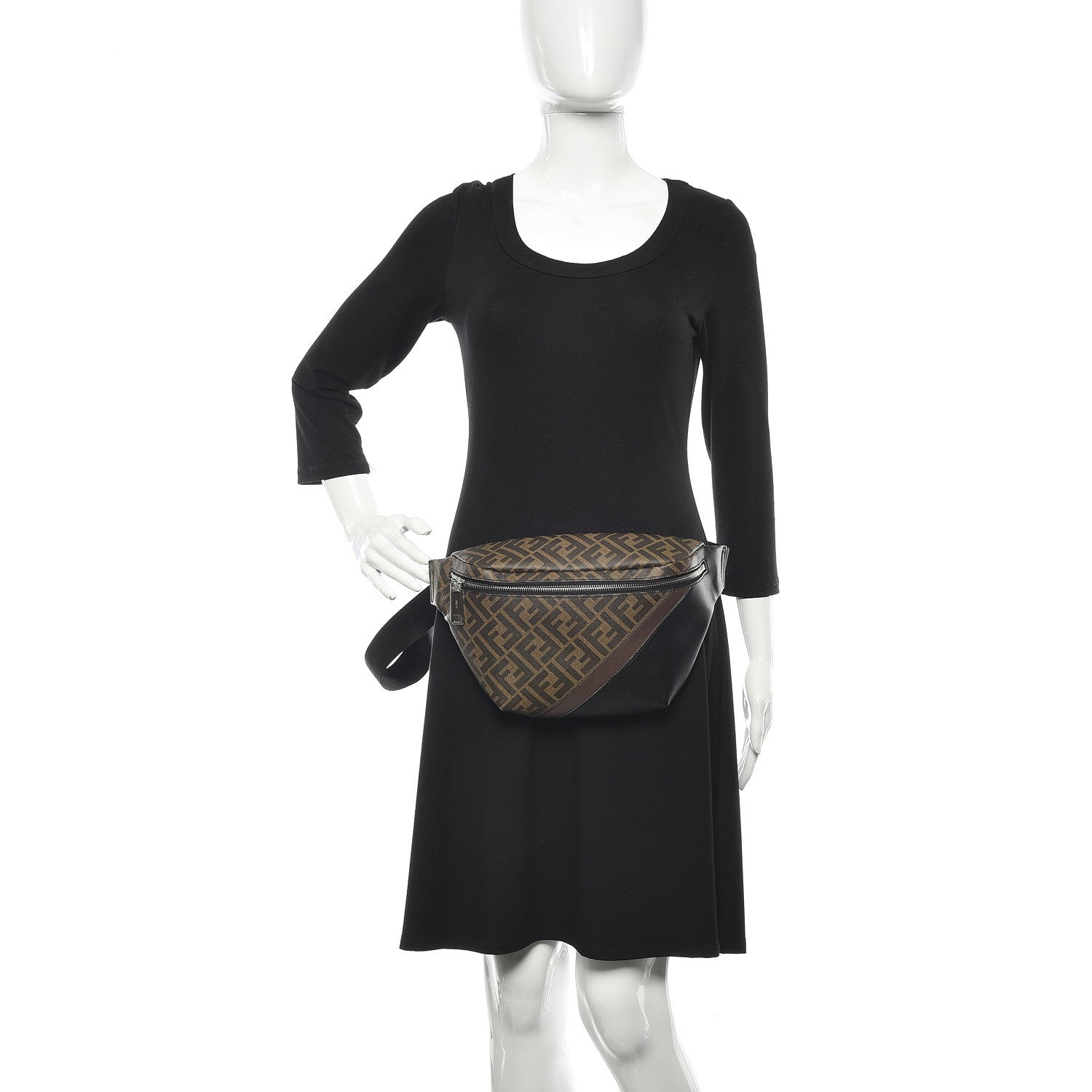Fendi Glazed Fabric Vitello Liberty FF 1974 Diagonal Belt Bag Tobacco Moresco Black 2 of 11