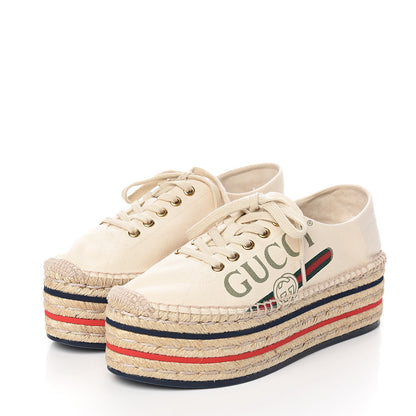 Gucci Canvas Logo Lace-Up Platform Espadrilles 37 Greggio Grege 3 of 9