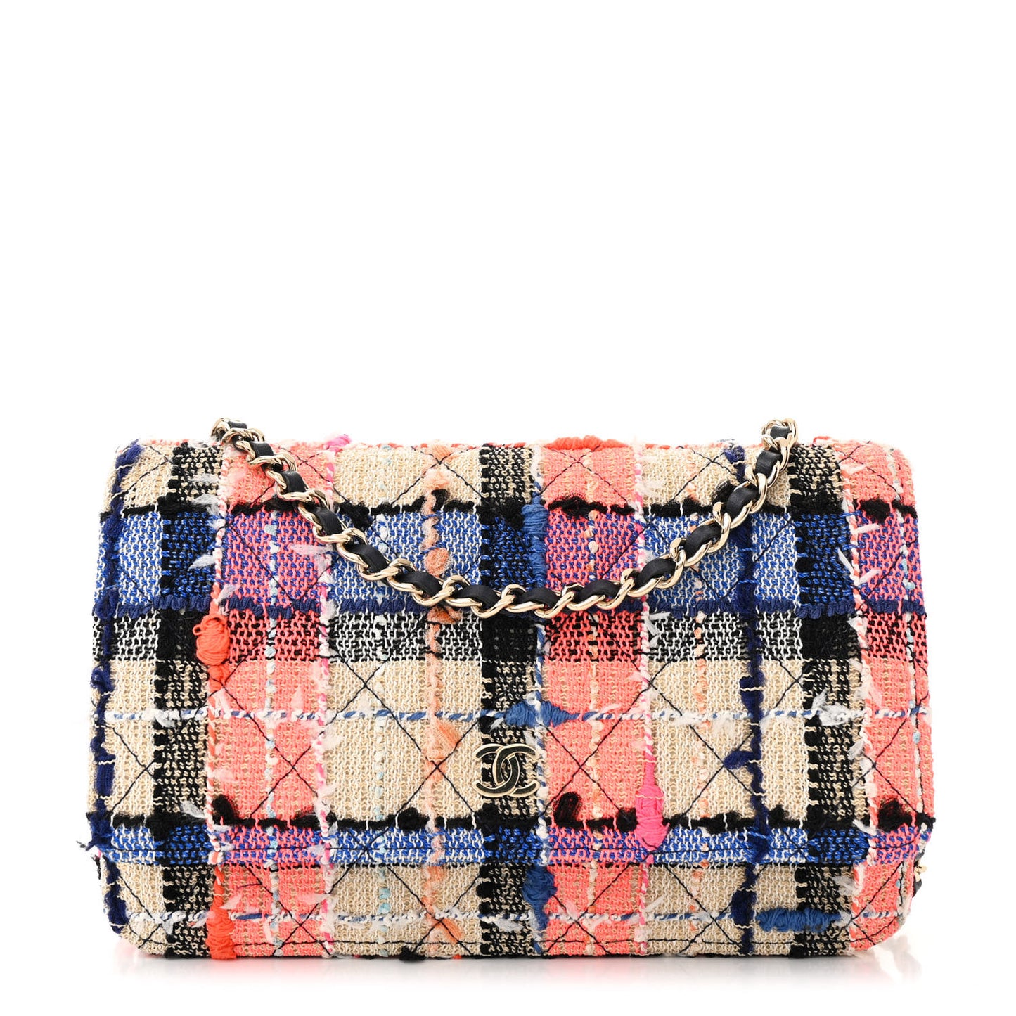 Tweed Quilted Wallet on Chain WOC Pink Blue Beige