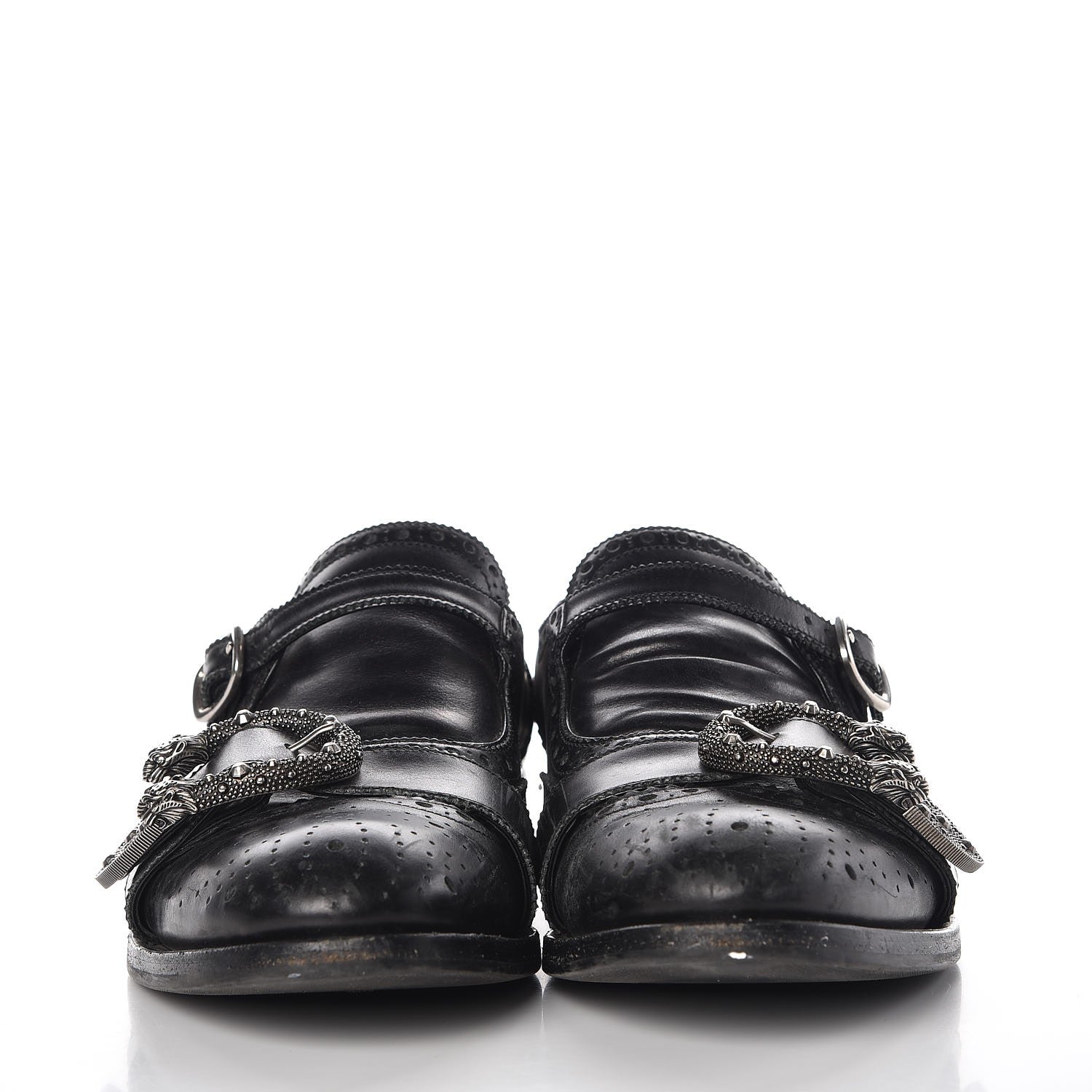 Gucci Calfskin Bee Embroidered Mens Queercore Brogue Wingtip Monk Strap Loafers 7.5 Black 2 of 17