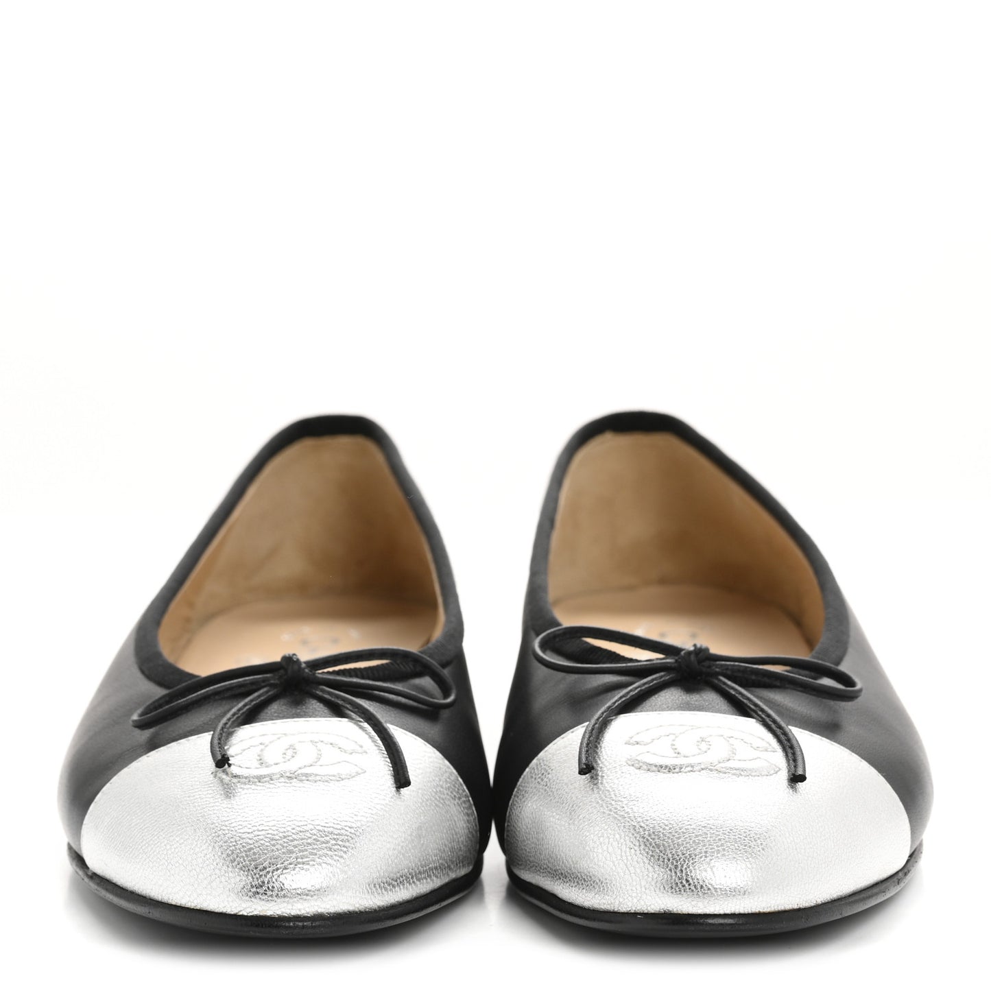 Calfskin Metallic Goatskin CC Cap Toe Ballerina Flats 40 Black Silver
