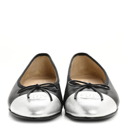 Chanel Calfskin Metallic Goatskin CC Cap Toe Ballerina Flats 40 Black Silver 3 of 10