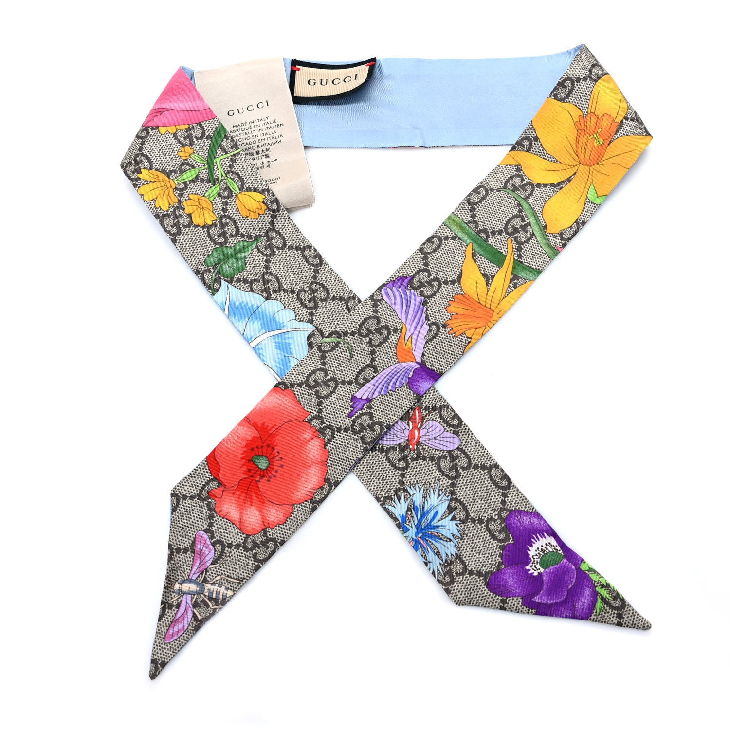 Gucci Silk Twill GG Monogram Special Flory Neck Bow Scarf Beige Sky Blue 1 of 4