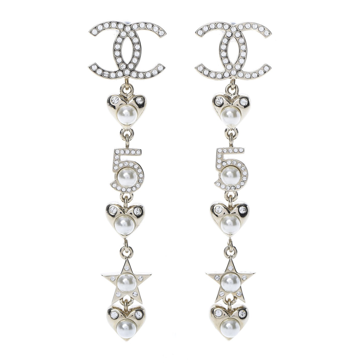 Crystal Pearl Charming Winter CC Star Heart Drop Earrings Gold