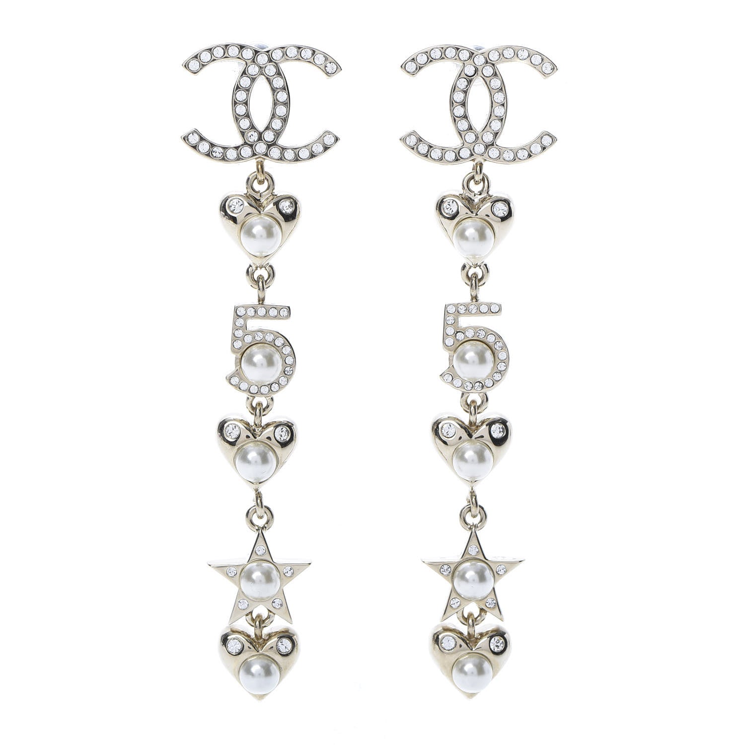 Chanel Crystal Pearl Charming Winter CC Star Heart Drop Earrings Gold 1 of 4