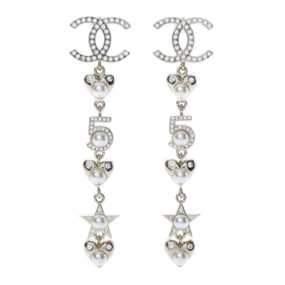 Chanel Crystal Pearl Charming Winter CC Star Heart Drop Earrings Gold 1 of 4