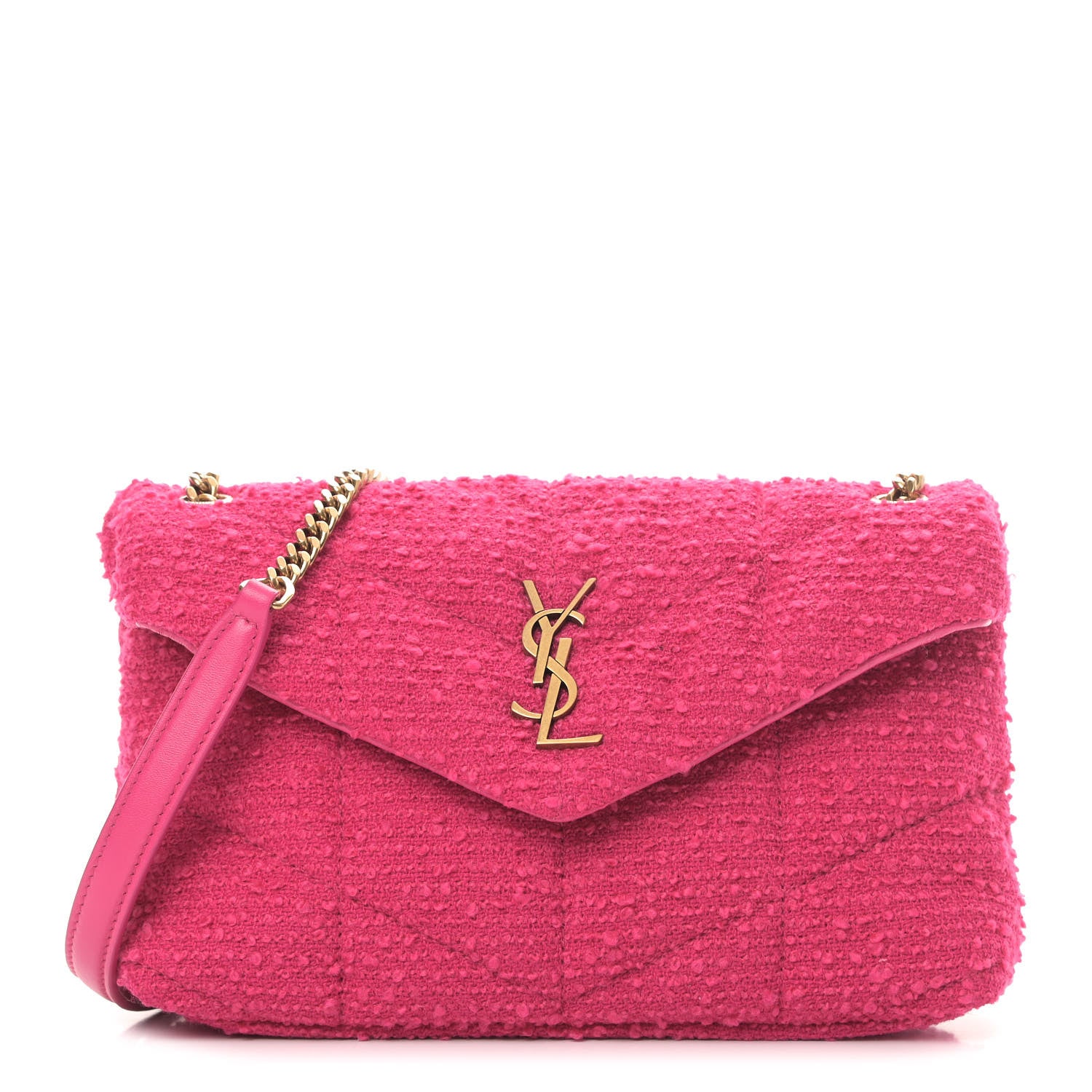 Saint Laurent Boucle Tweed Quilted Toy Loulou Puffer Monogram Chain Satchel Magenta 1 of 9