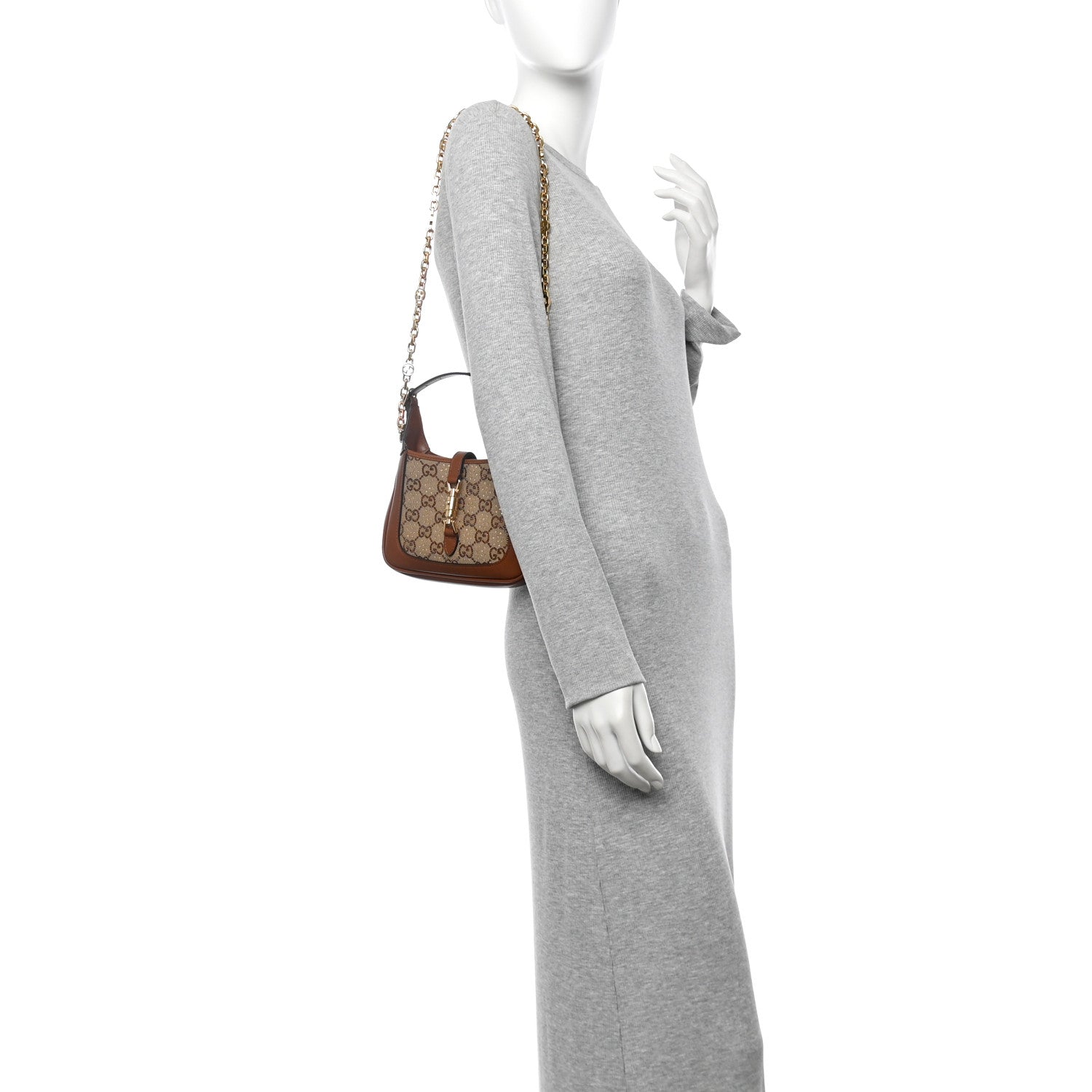 Gucci New Canvas Charisma Calfskin Crystal GG Monogram Mini Jackie 1961 Hobo Camel Ebony 2 of 8
