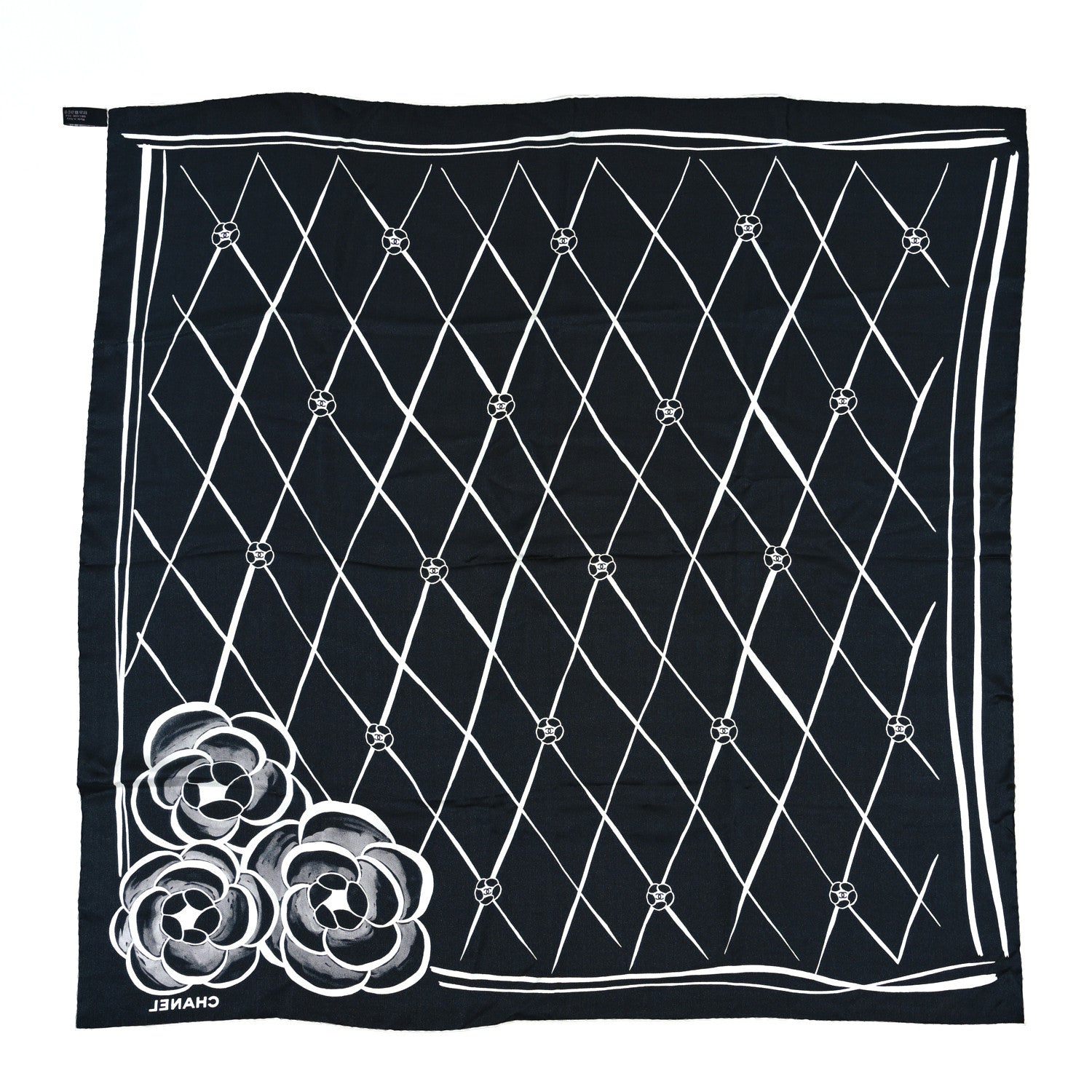 Chanel Silk CC Logo Camellia Scarf Black White 2 of 4
