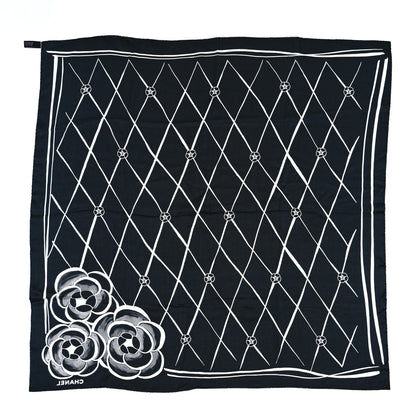 Chanel Silk CC Logo Camellia Scarf Black White 2 of 4