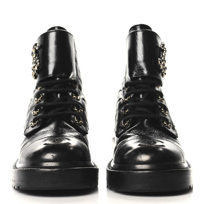 Chanel Shiny Calfskin Quilted Lace Up Combat Boots 35 Black 3 of 9