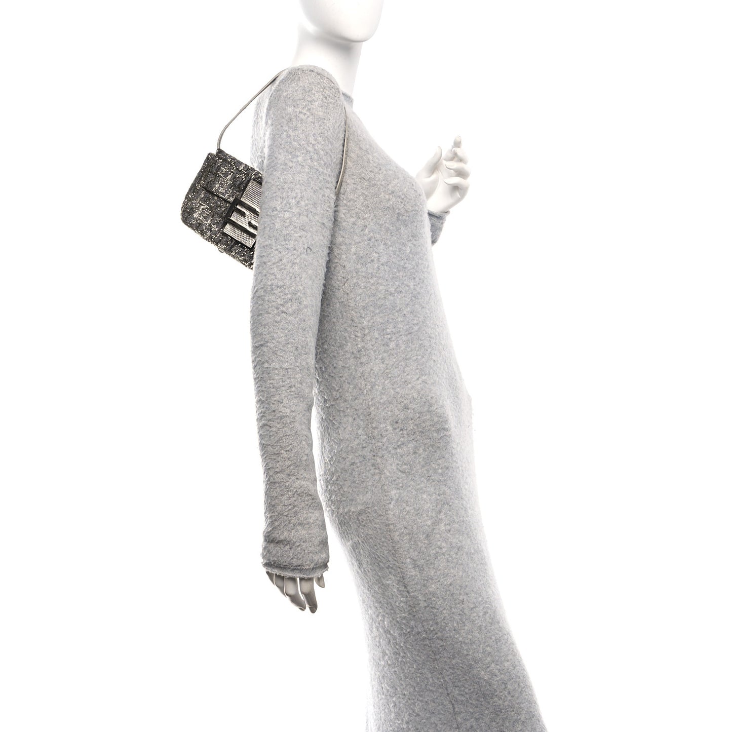 Metallic Lizard Beaded Embroidered Mini Baguette Grey
