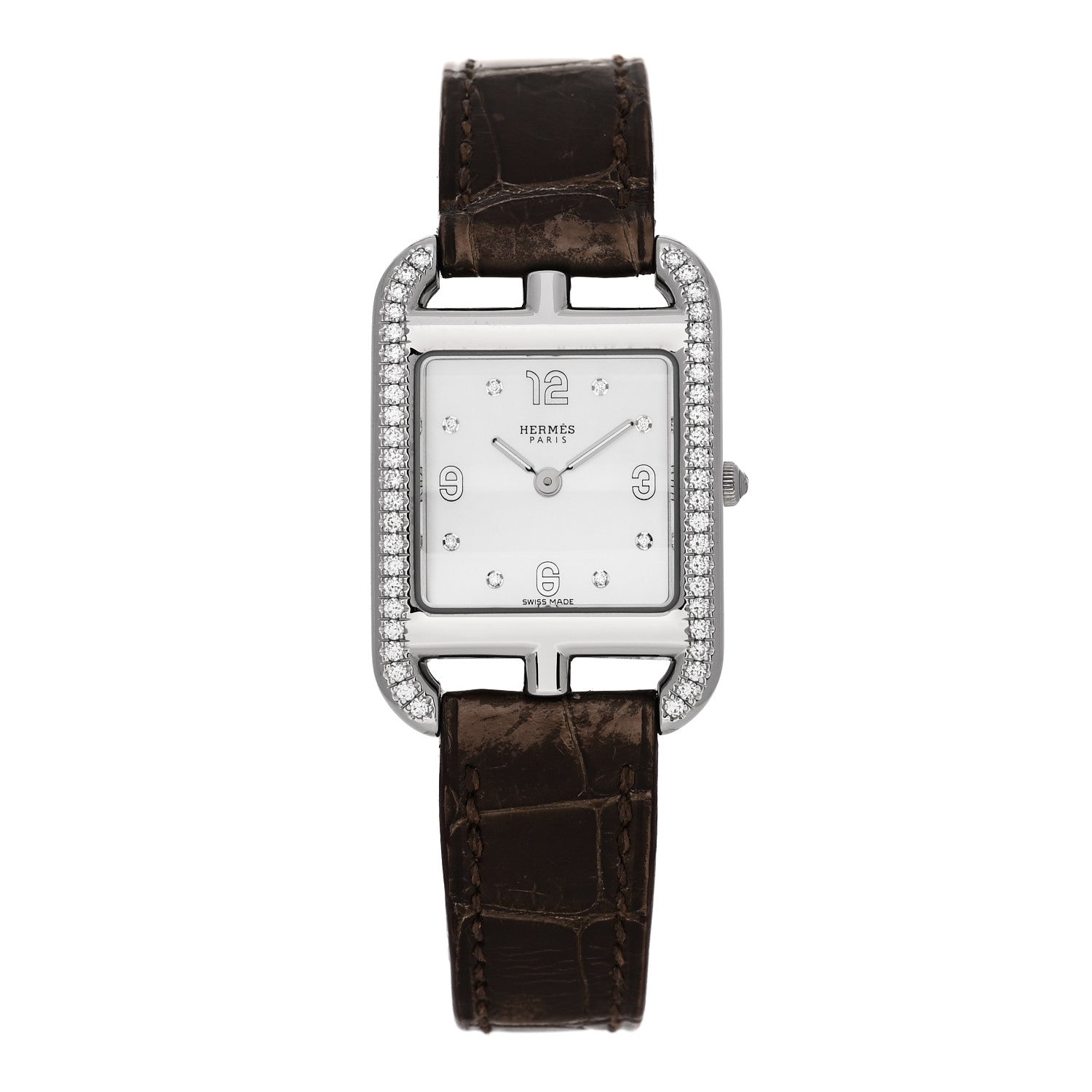Hermes Stainless Steel Alligator Diamond Bezel Mother of Pearl 23mm Cape Cod Quartz Watch Gris Elephant 1 of 5