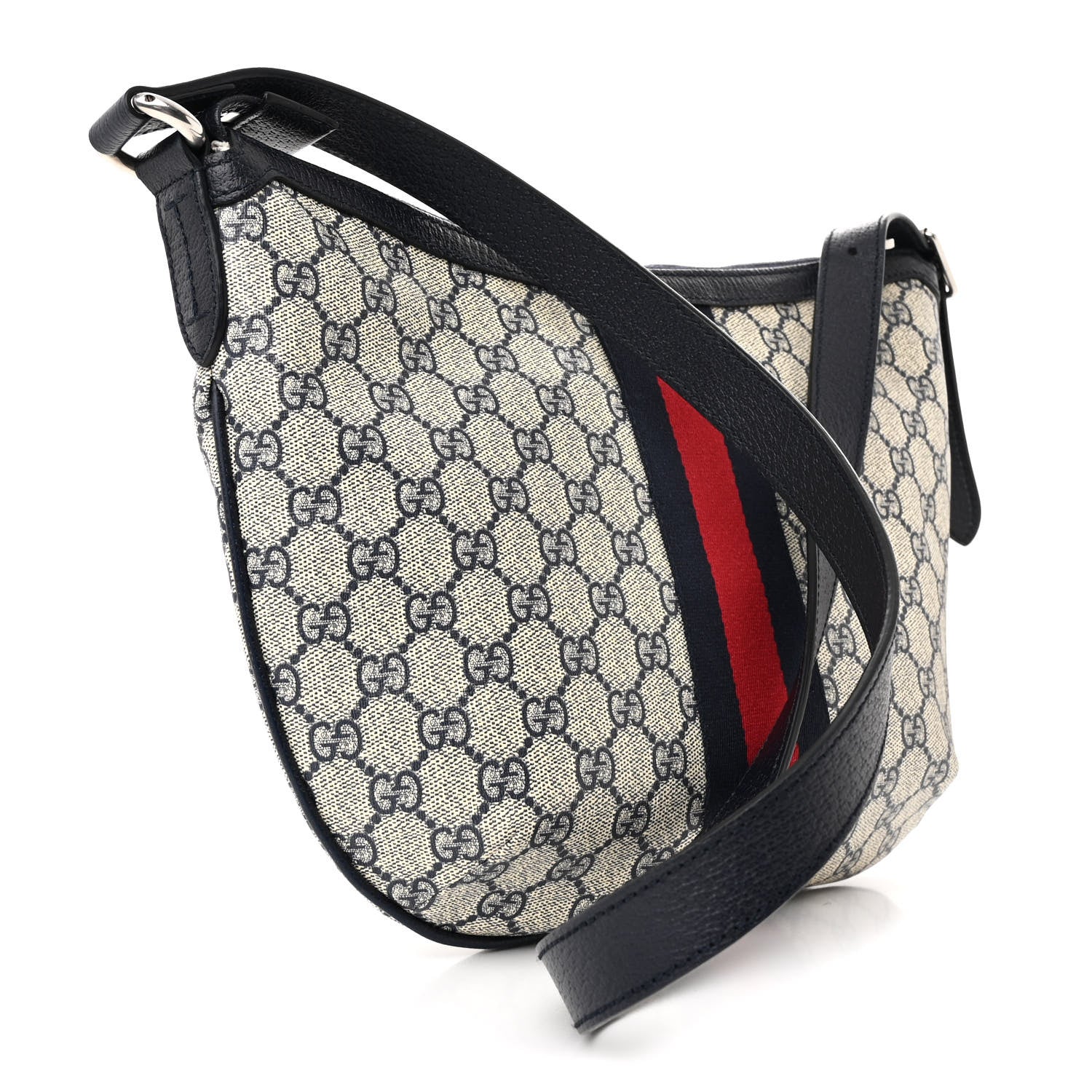 Gucci GG Supreme Monogram Textured Dollar Calfskin Web Small Ophidia Half Moon Hobo Beige Blue 3 of 10