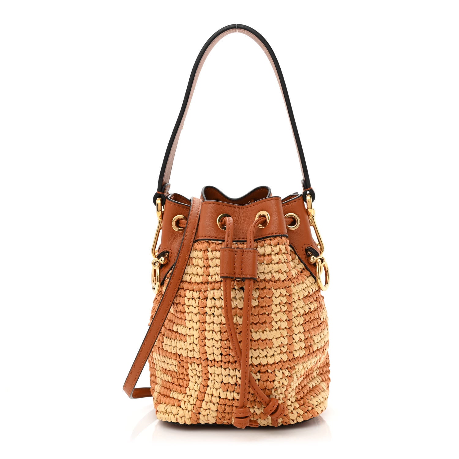 Fendi Raffia Vitello Seta F is Fendi FF Woven Mini Mon Tresor Bucket Bag Brick Natural 1 of 10