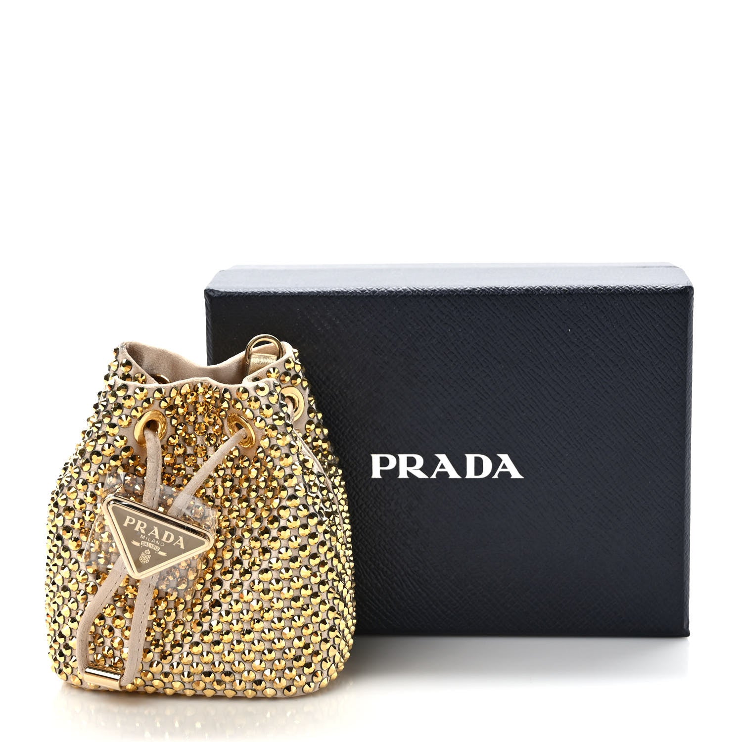 Prada Satin Crystal Metal Triangle Logo Mini Drawcord Pouch