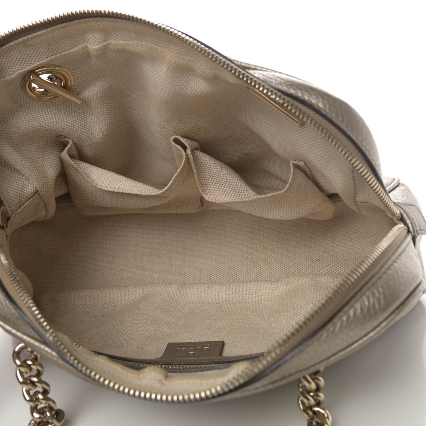 Metallic Pebbled Calfskin Small Soho Bowler Golden Beige