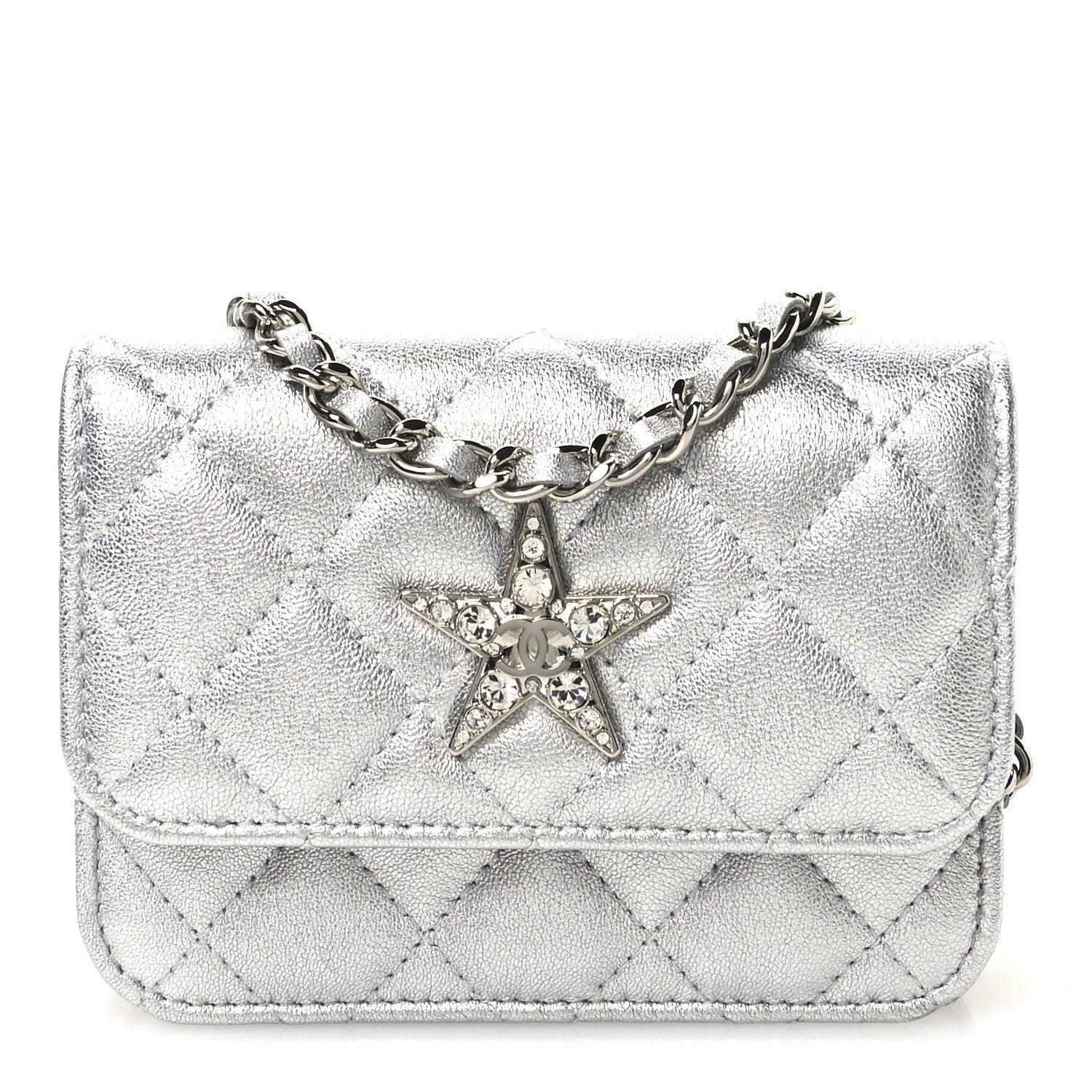 Chanel Metallic Goatskin Quilted Crystal CC Walk Of Fame Clutch With Chain Silver 1 of 11