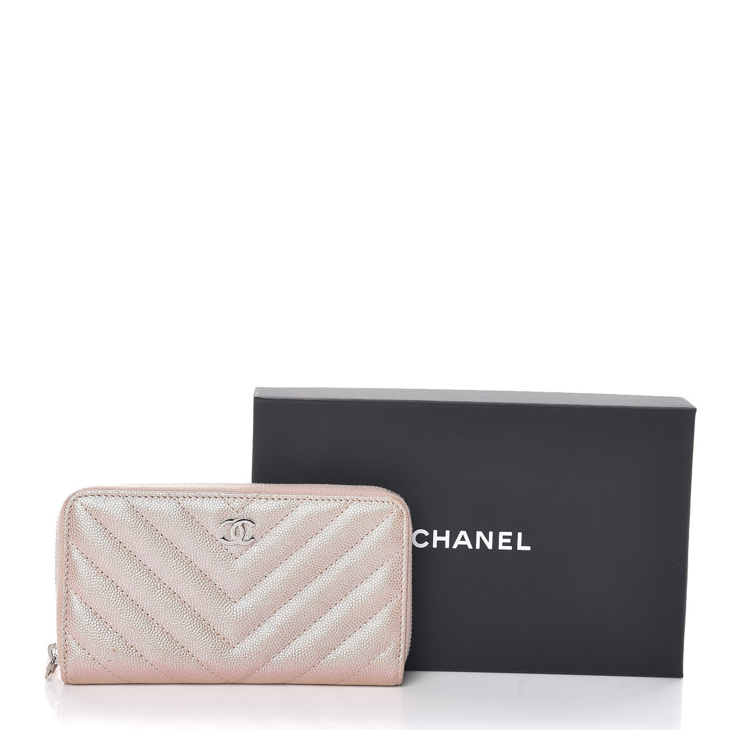 Metallic Caviar Chevron Quilted Small Zip Around Wallet Light Gold