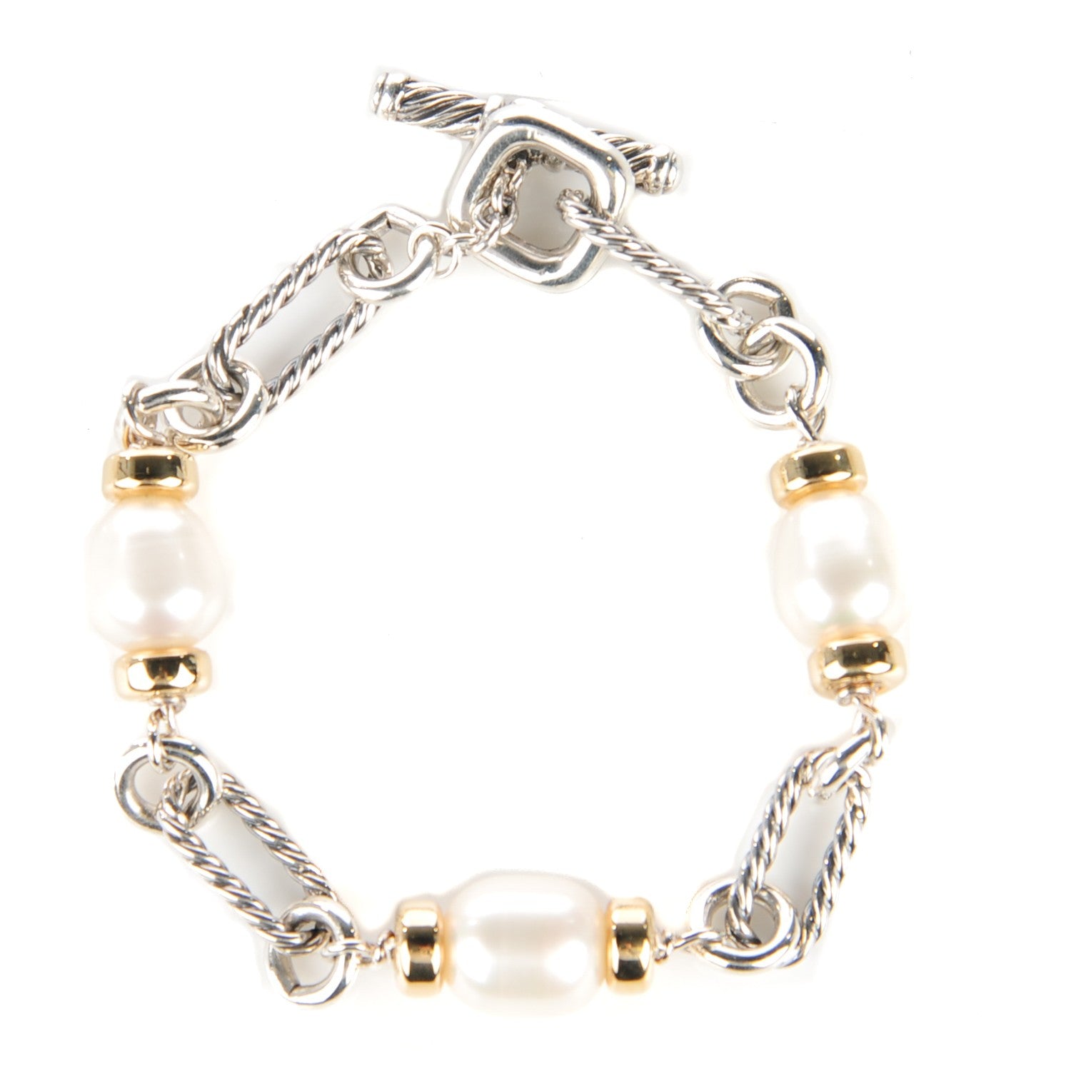 David Yurman Sterling Silver 18K Yellow Gold Pearl Figaro Bracelet 1 of 4
