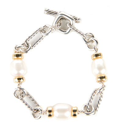 David Yurman Sterling Silver 18K Yellow Gold Pearl Figaro Bracelet 1 of 4