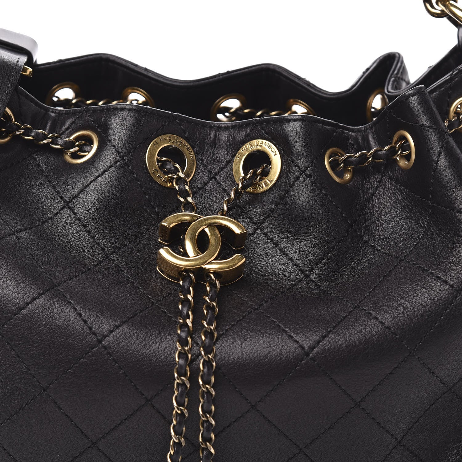 Chanel Calfskin Stitched Small Paris Rome Drawstring CC Bag Black 10 of 10