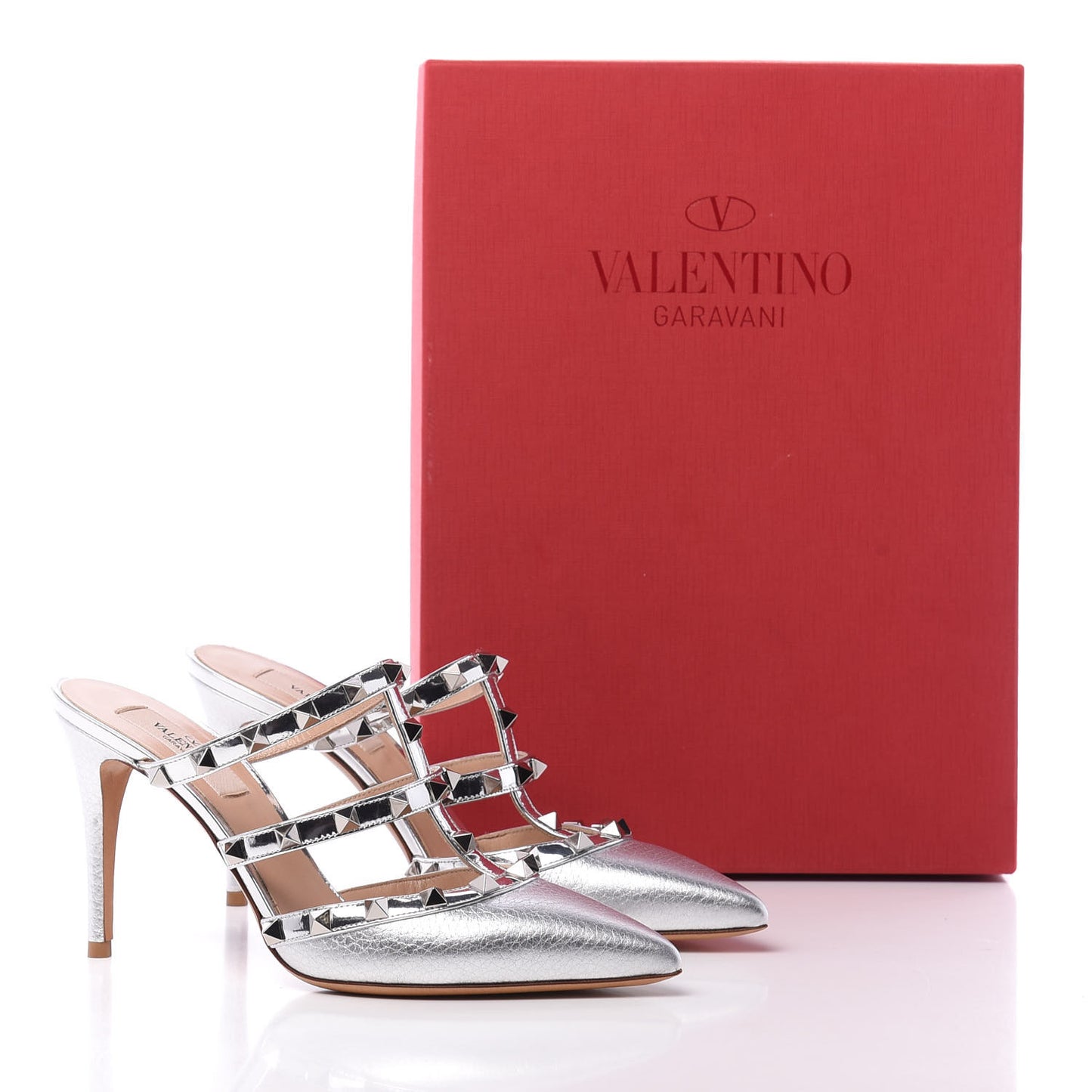 Metallic Pebbled Calfskin Rockstud 90mm Cage Mules 36.5 Silver