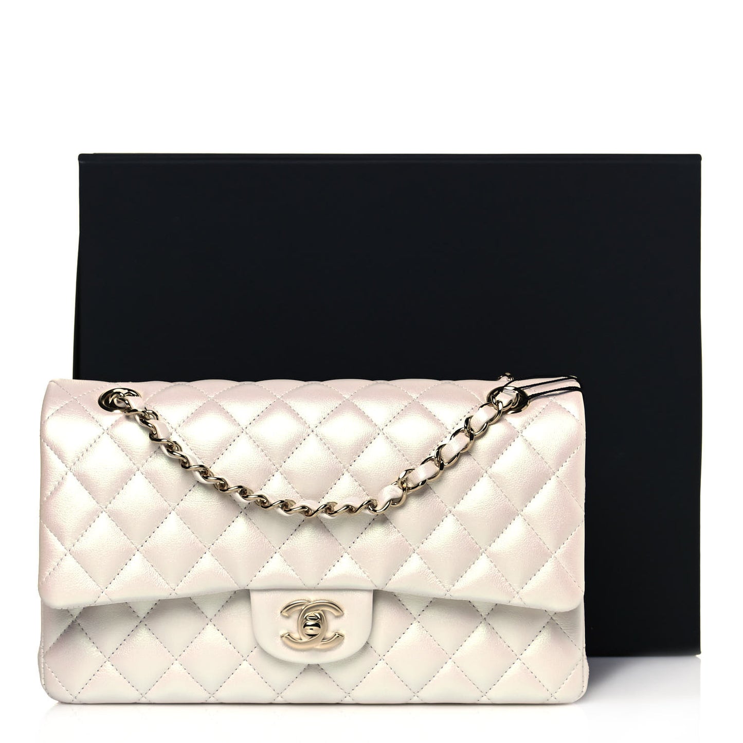 Iridescent Lambskin Quilted Medium Double Flap Ivory