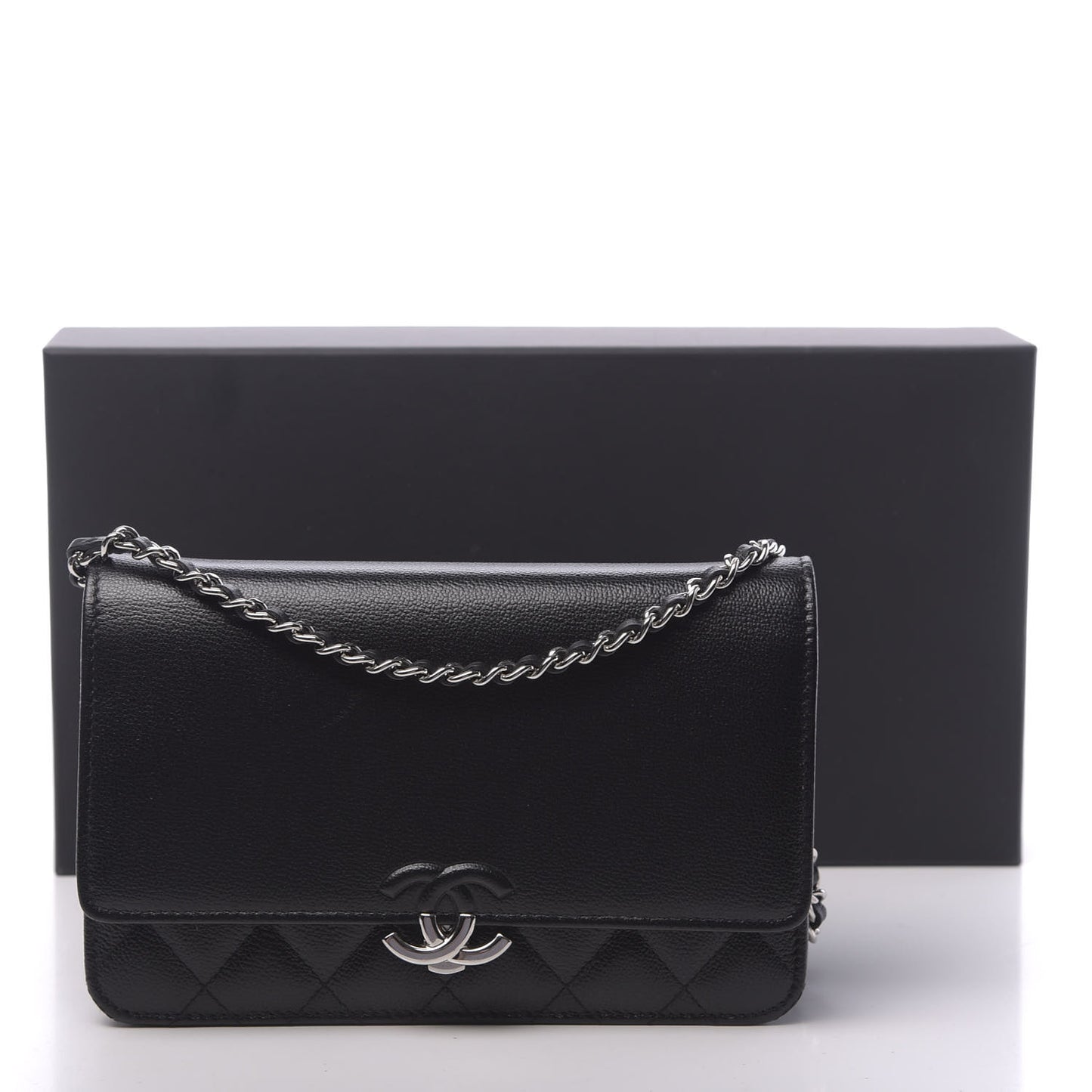 Grained Calfskin Quilted CC Box Wallet On Chain WOC Black