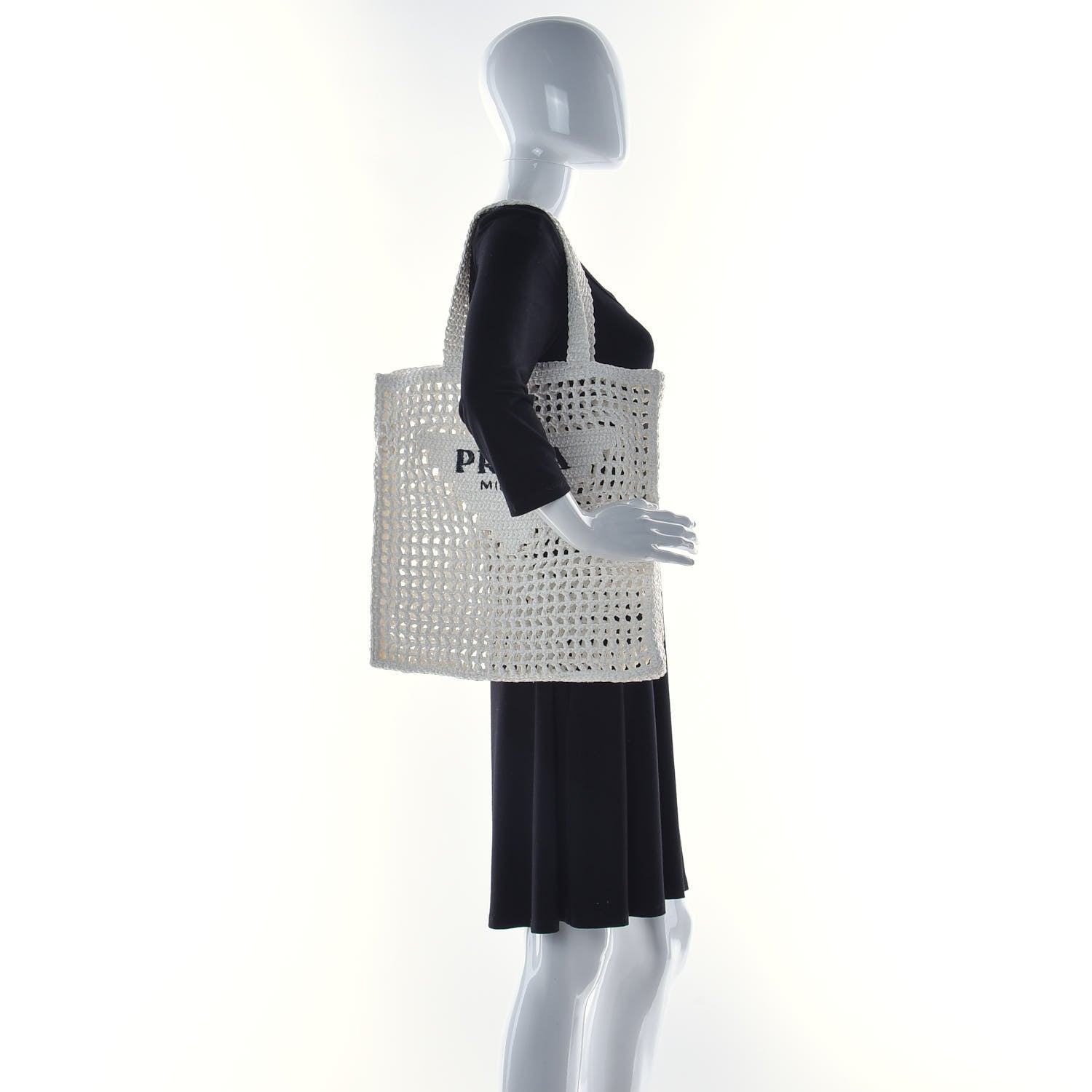 Prada Yarn Raffia Effect Crochet Logo Embroidered Tote Bag White 2 of 15