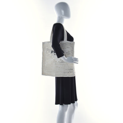 Prada Yarn Raffia Effect Crochet Logo Embroidered Tote Bag White 2 of 15