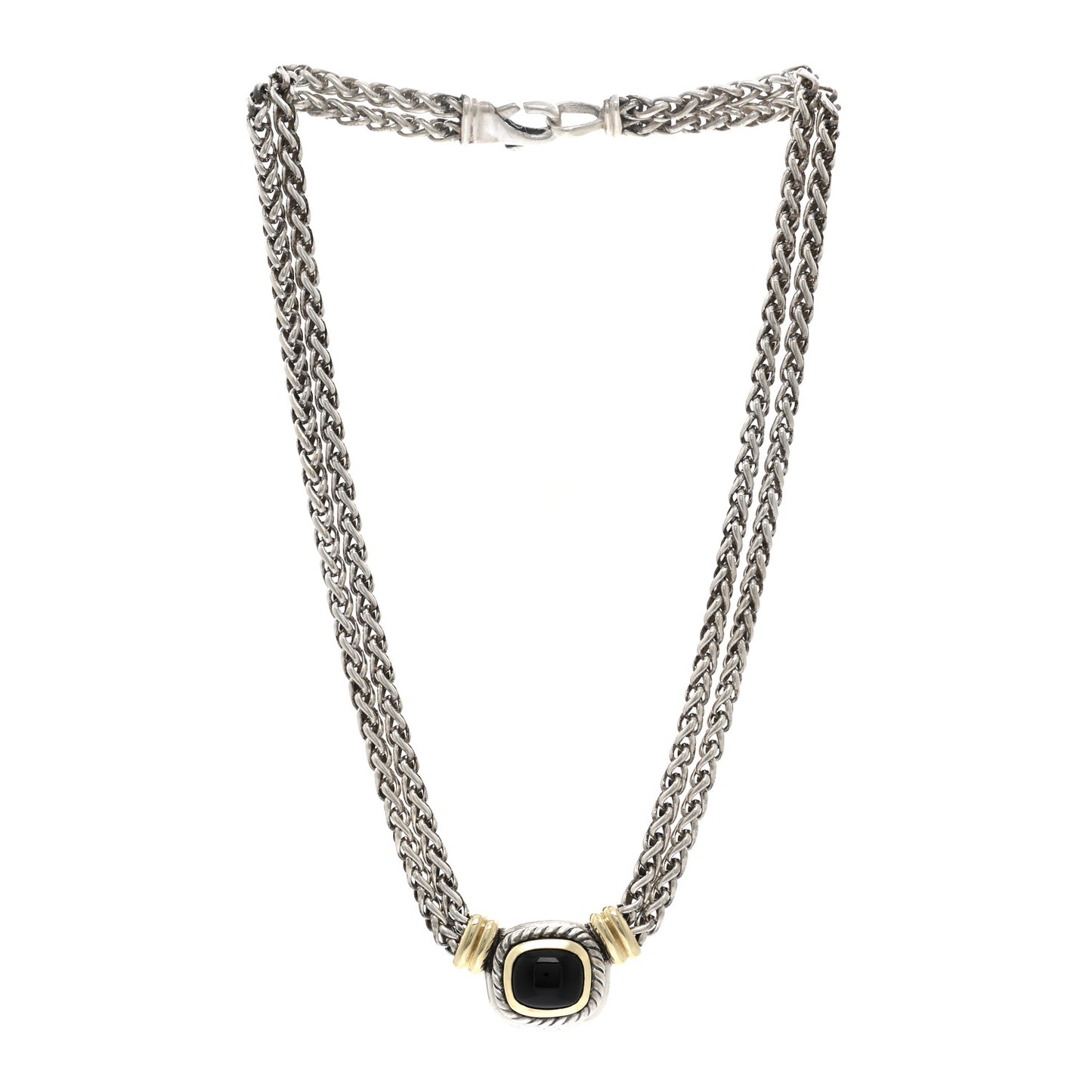 Sterling Silver 14K Yellow Gold Black Onyx Double Wheat Chain Necklace