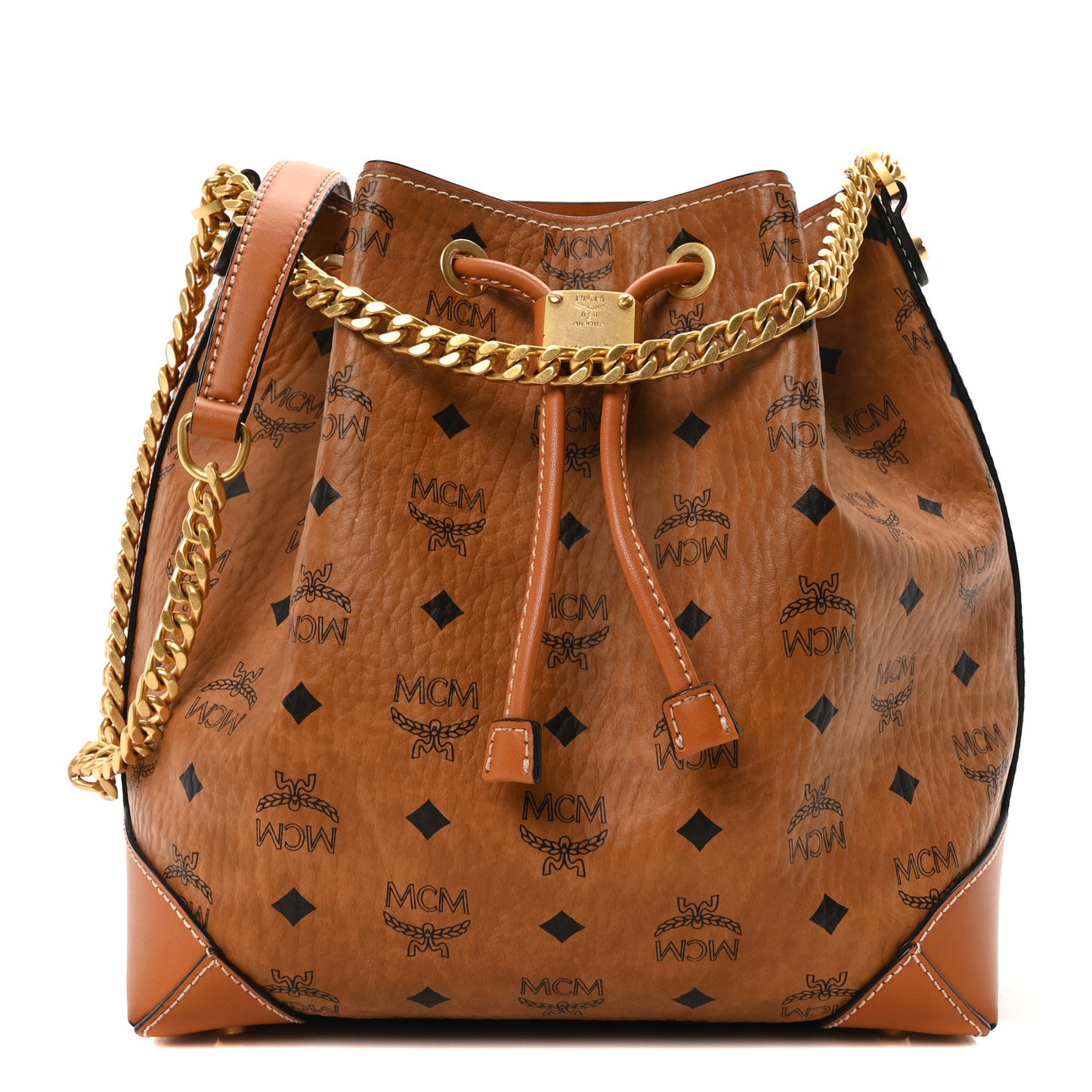 Visetos Small Soft Berlin Drawstring Bucket Bag Cognac