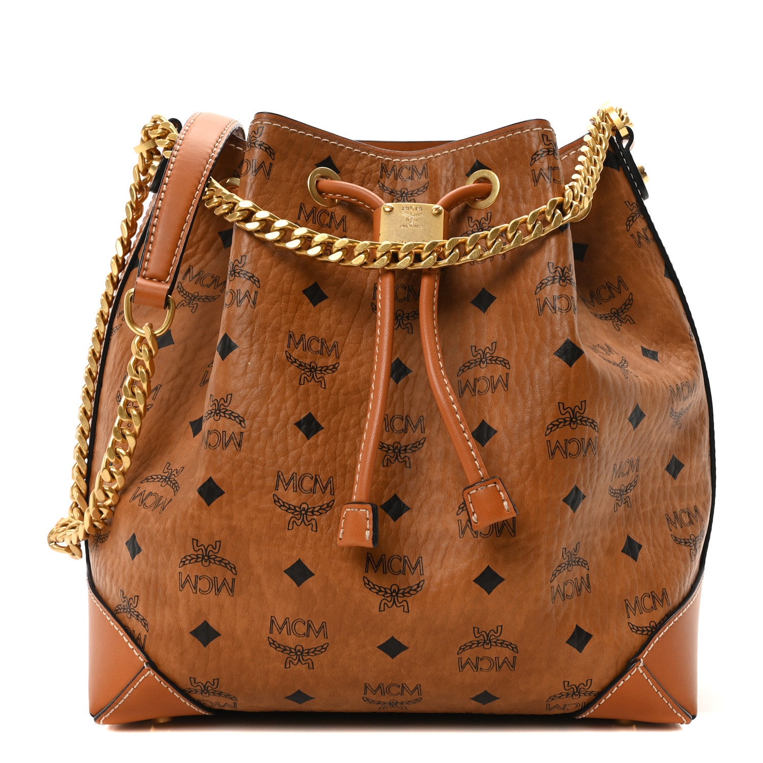 MCM Visetos Small Soft Berlin Drawstring Bucket Bag Cognac 1 of 10
