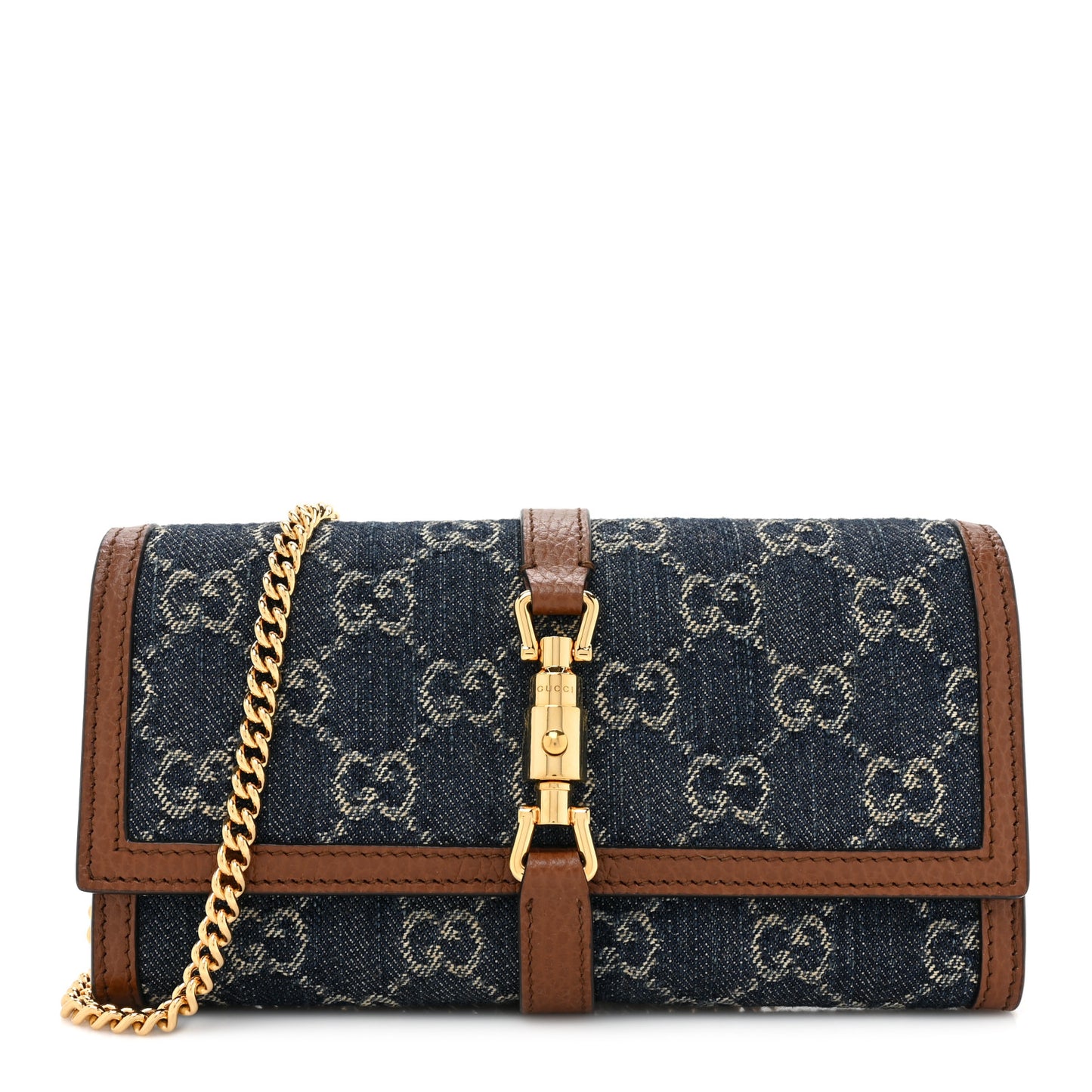 New Denim GG Monogram Jackie 1961 Chain Wallet Blue Tea Cuir