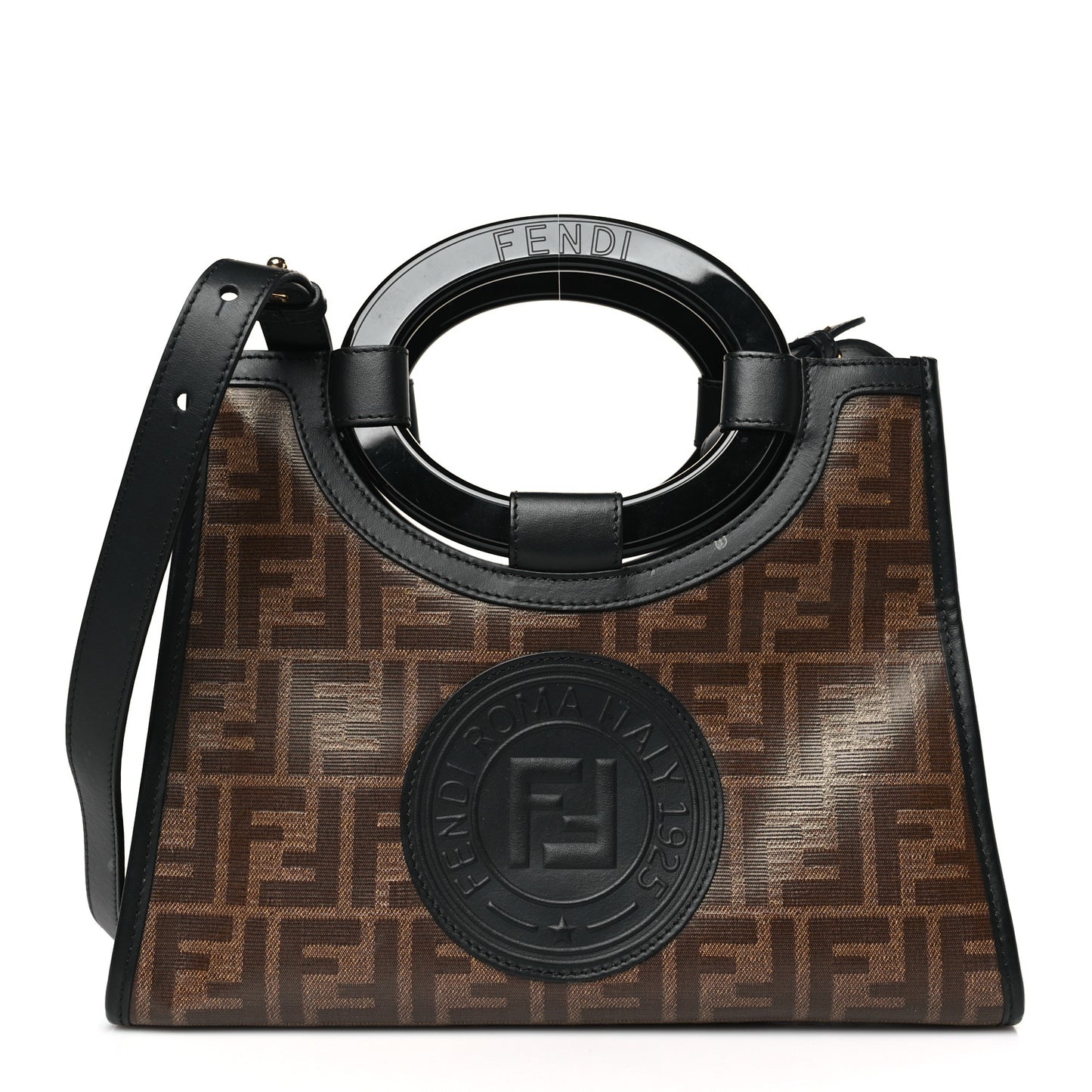 Glazed Fabric Vitello Century Plexiglass FF 1974 Stamp Patch Small Runaway Shopper Tote Mogano Panna Black