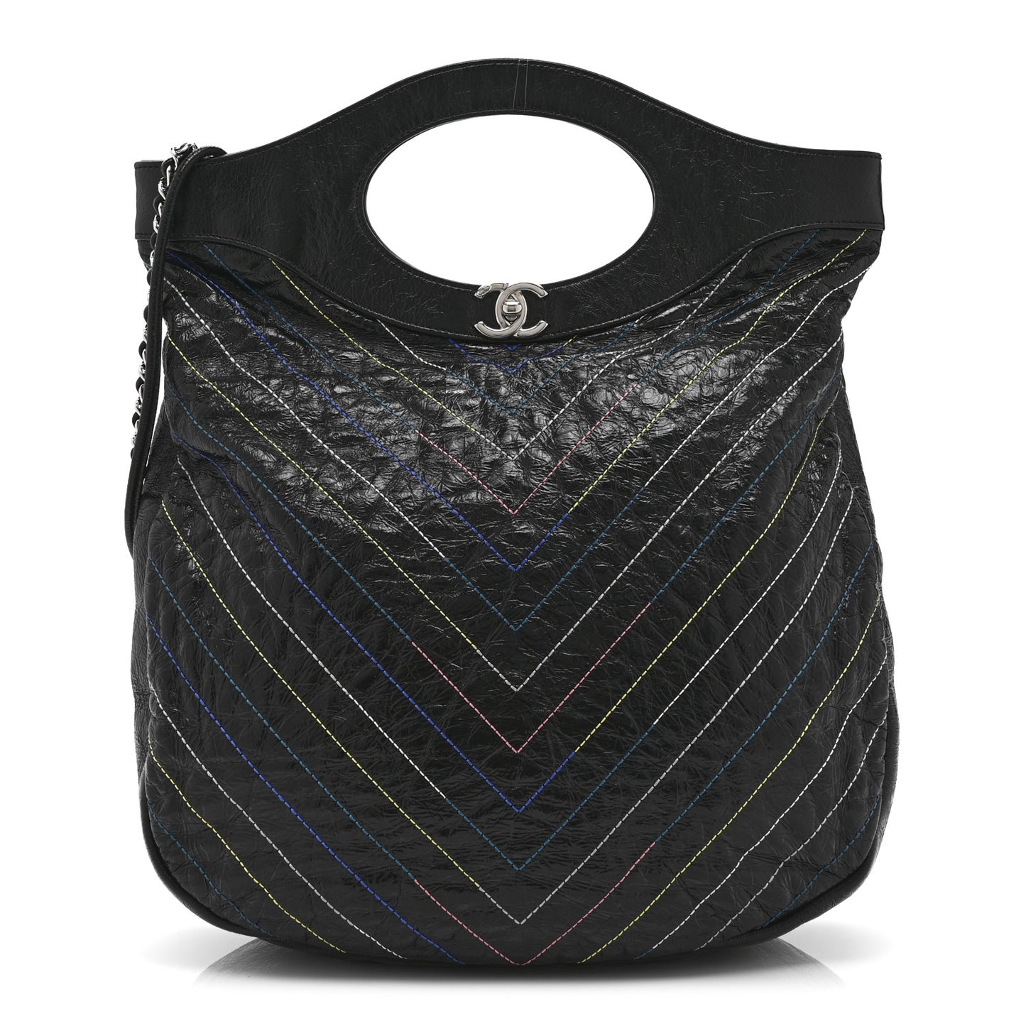 Glazed Calfskin Chevron Stitched Large 31 Shopping Bag Black Multicolor