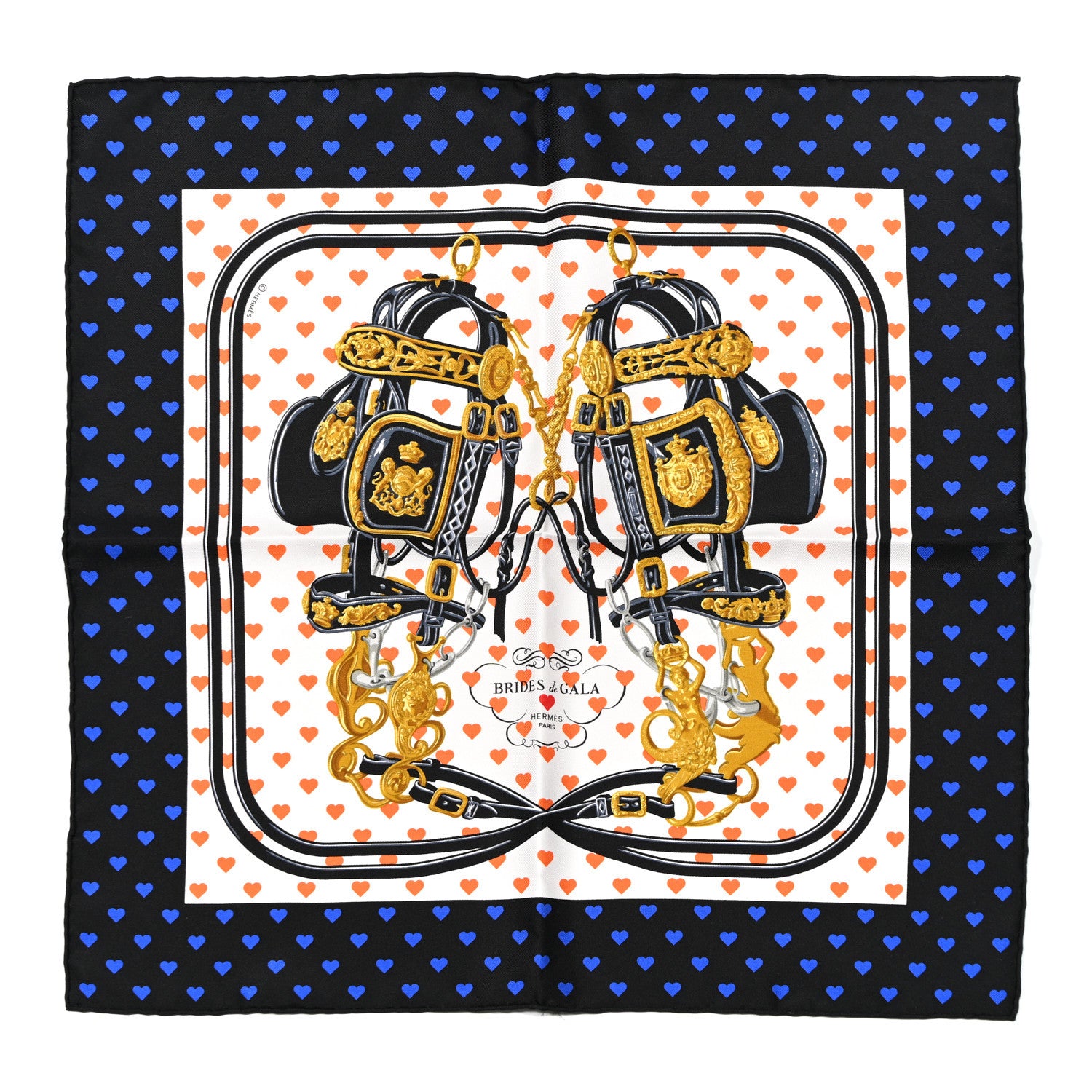 Hermes Silk Brides De Gala Love Pocket Square Black White Orange 1 of 4