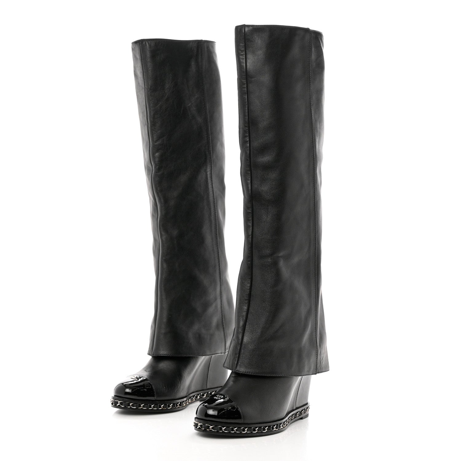 Chanel Calfskin Ascot Knee High CC Boots 36 Black 3 of 9