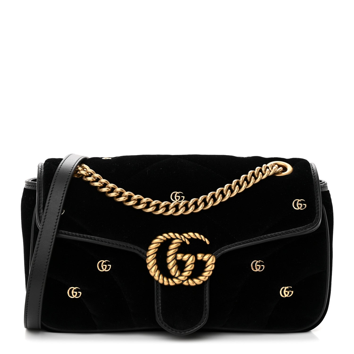 Gucci Velvet Matelasse Double G Studs Small Torchon GG Marmont Shoulder Bag Black 1 of 12