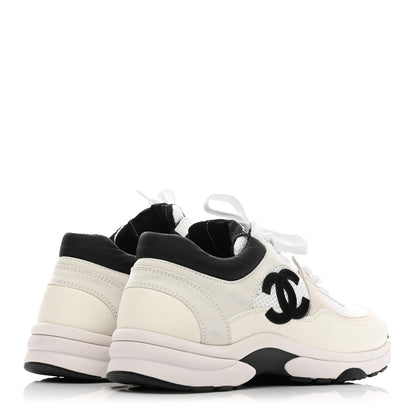 Chanel Mesh Suede Calfskin Grained Calfskin Womens CC Sneakers 38 White Black 4 of 8