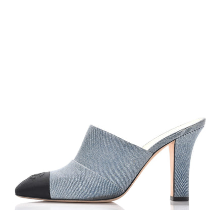 Chanel Printed Lambskin Grosgrain Cap Toe CC Mules 39 Blue Black 1 of 13